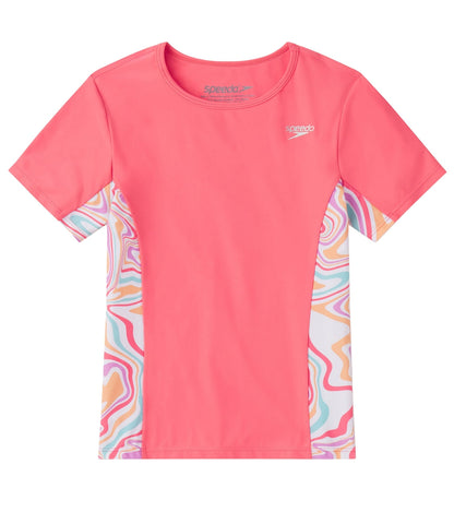  Speedo Girls' Short Sleeve Printed Splice Rashguard (Little Kid, Big Kid)